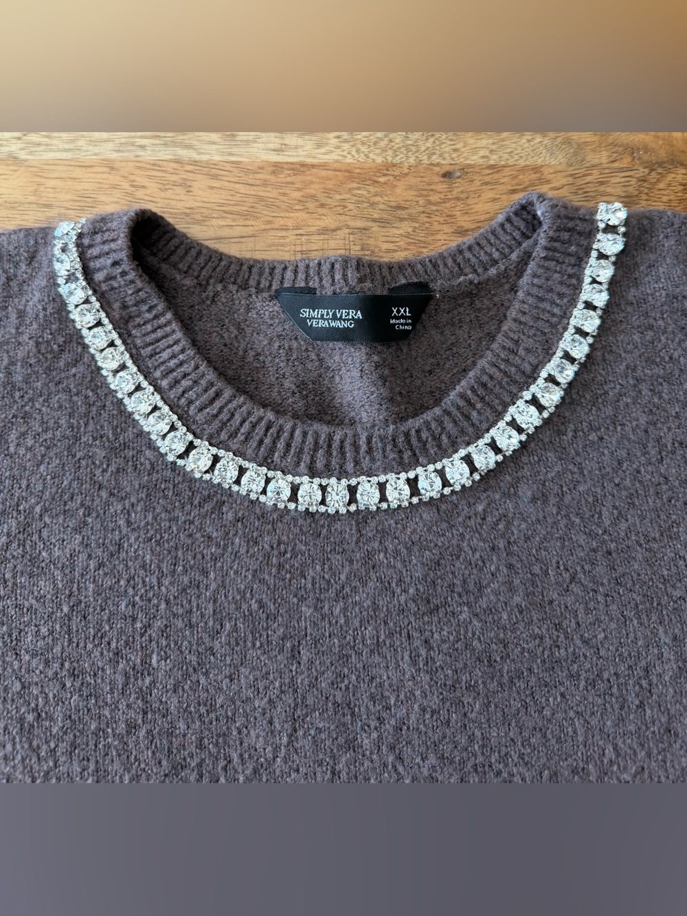 Simply Vera Vera Wang Brown Crewneck Sweater with Crystal Trim